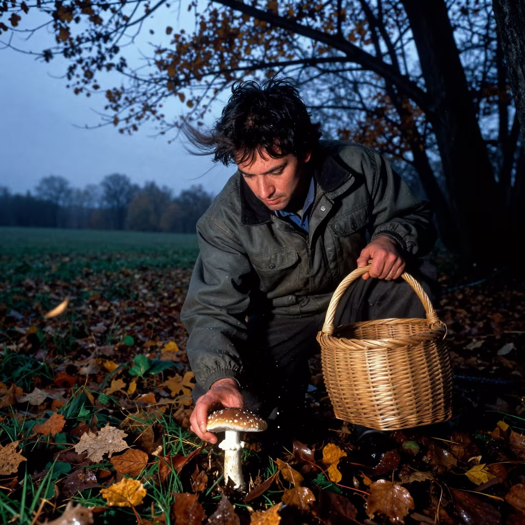 Forager in Wet Autumn Woods at Dusk in near open fields near New Borg El Arab