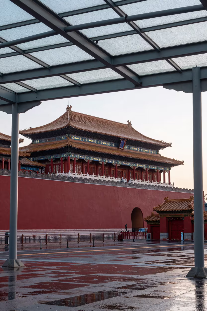 Forbidden City Gate Under Glass Arcade in Winter in inside a glass-roofed arcade near Beijing