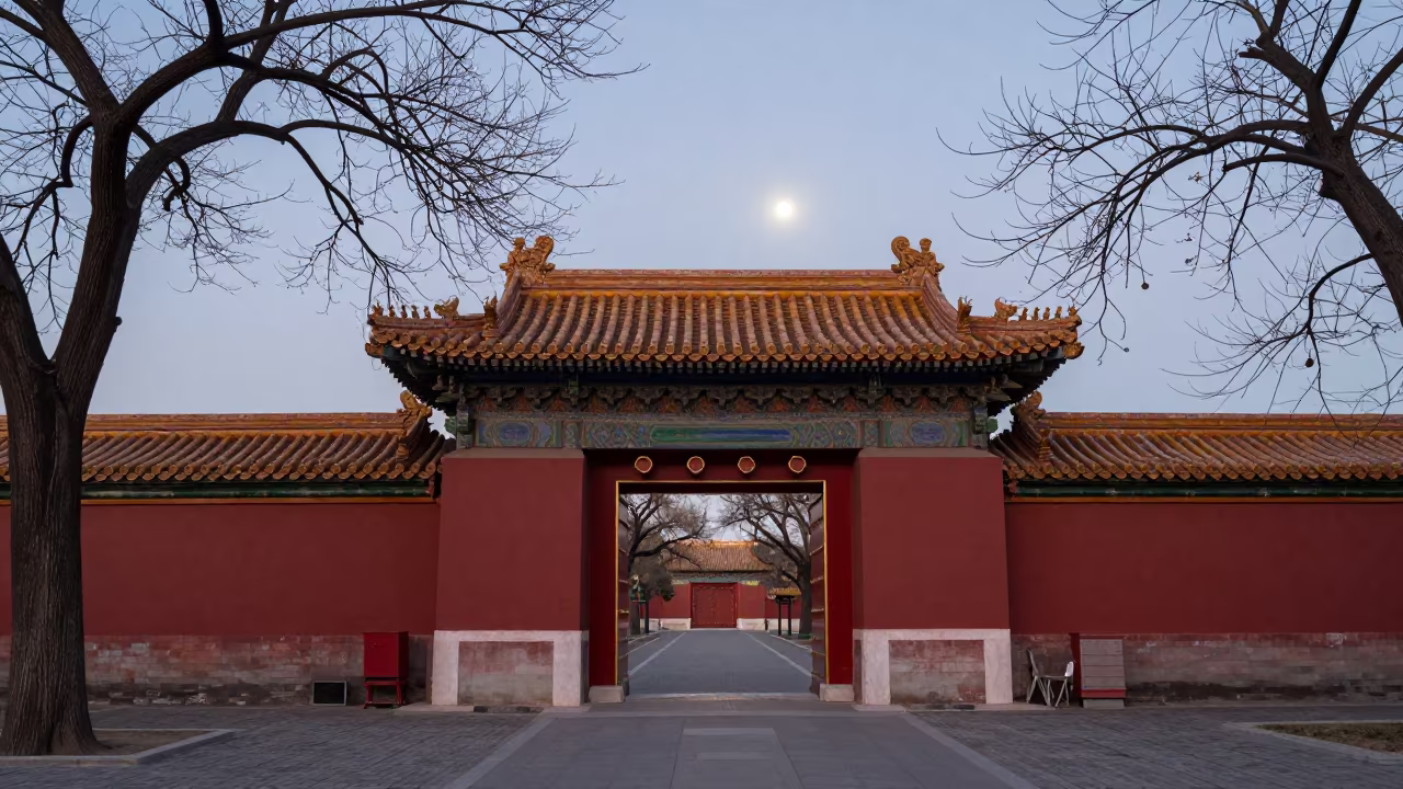 Forbidden City Gate Moonlit Dawn Gulou in inside a skylit passageway near Gulou, Beijing