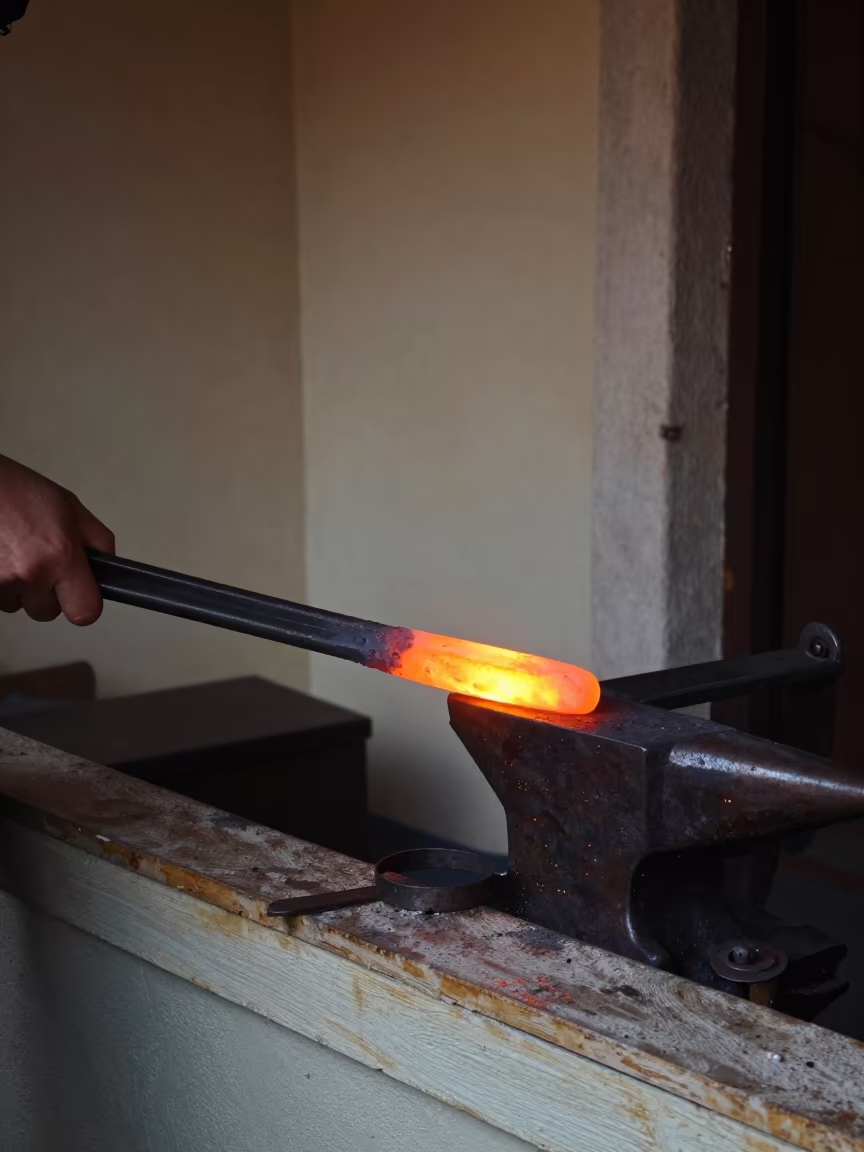Forge Fire Reflection in Blacksmith Tongs in on a painted display ledge in Zadar