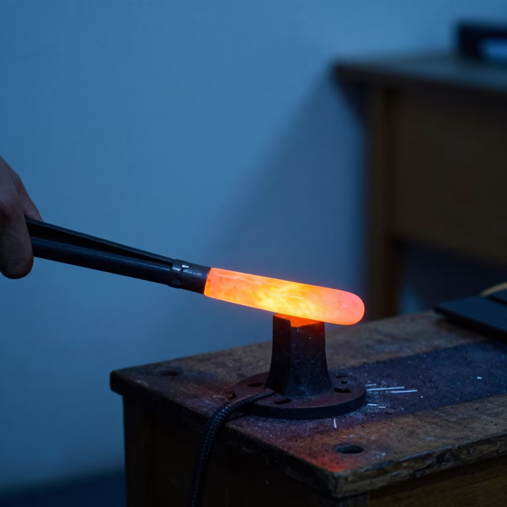 Forge Fire Reflection in Tongs on Pyongyang Table in on a bedside table in Pyongyang
