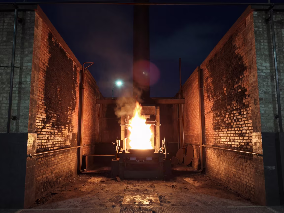 Forge Fire Reflections on Sooty Brick Walls in in a machine shop near Palermo Soho, Buenos Aires