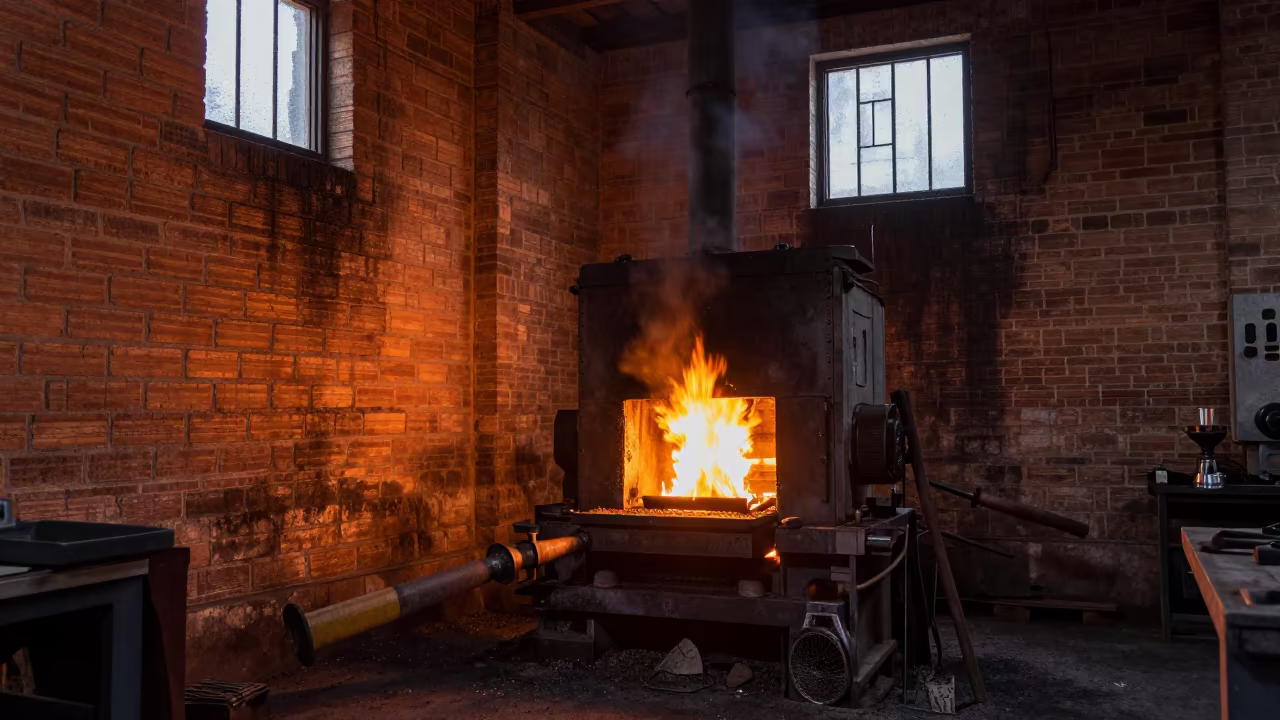 Forge Fire Reflects on Soot Brick Walls in in a machine shop near Huancayo