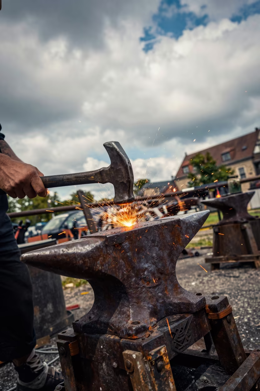 Forge Hammer Strikes Anvil in Late Summer Light in on a scaffold platform near Hanover