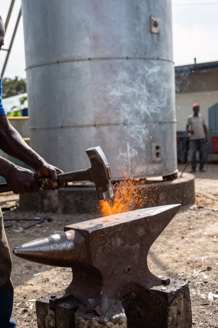 Forge Hammer Strikes Anvil in Malabo Grain Elevator in inside a grain elevator near Malabo