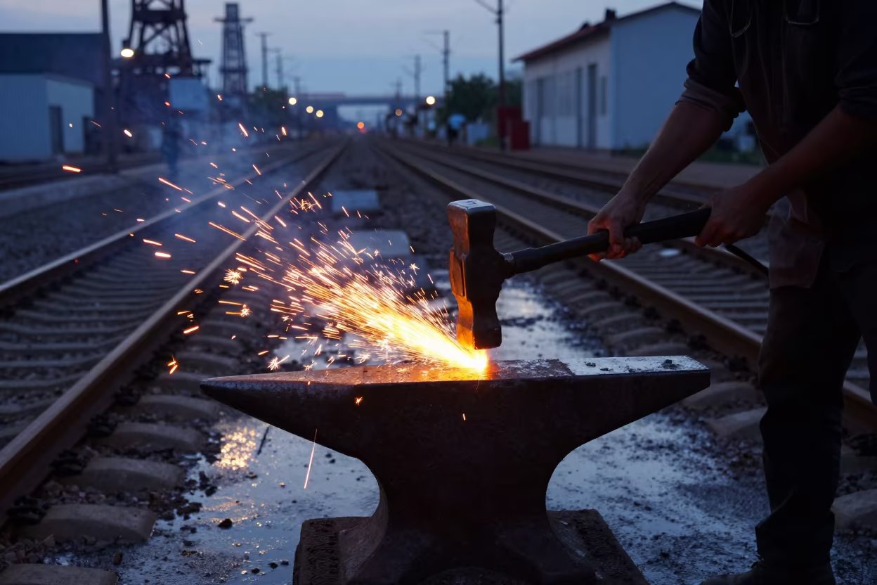Forge Hammer Strikes Anvil at Qingdao Rail Yard Twilight in at a rail yard near Qingdao