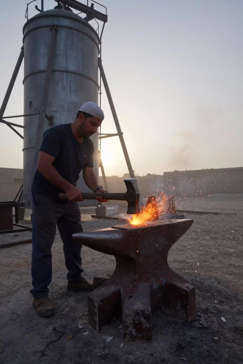 Forge Hammer Strikes Anvil in Riyadh Grain Elevator Dawn in inside a grain elevator near Riyadh