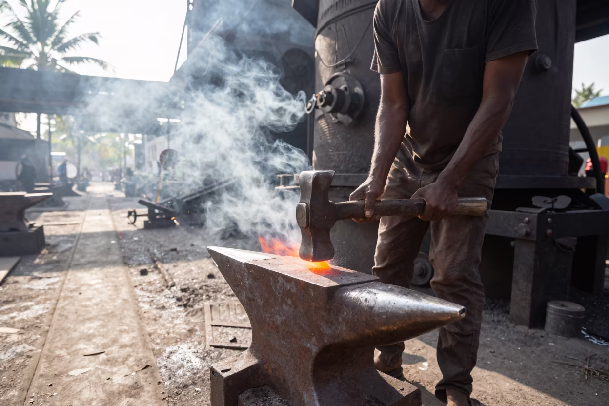 Forge Hammer Striking Anvil Beside Blast Furnace in beside a blast furnace near Deoghar