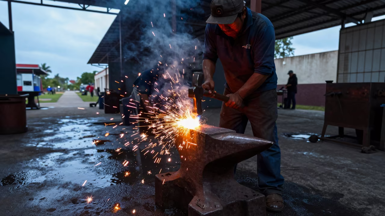 Forge Hammer Striking Anvil in Campeche Evening Light in in a welding bay near Campeche