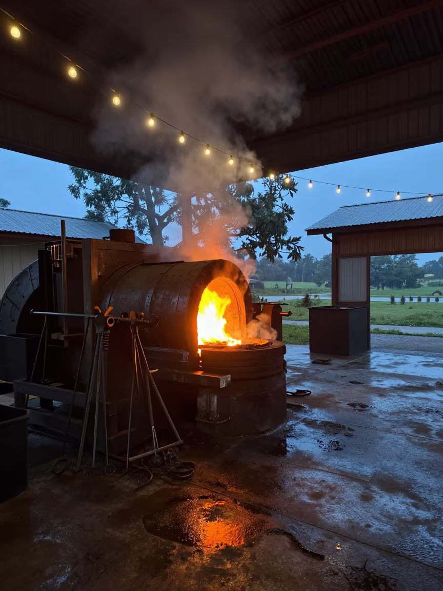 Forge Light Glows in Turbine Hall After Rain in in a turbine hall near Jinja