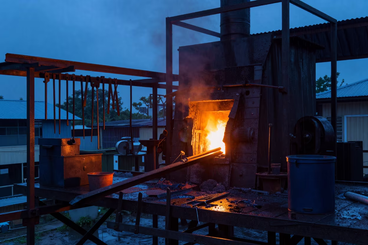 Forge Mouth Glows in Davao Twilight in on a scaffold platform near Davao