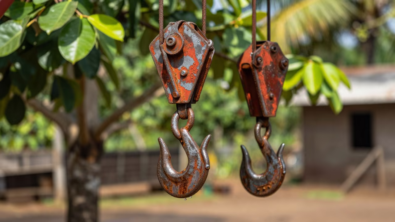 Forged Crane Hooks in Togo's Dappled Light in in Togo