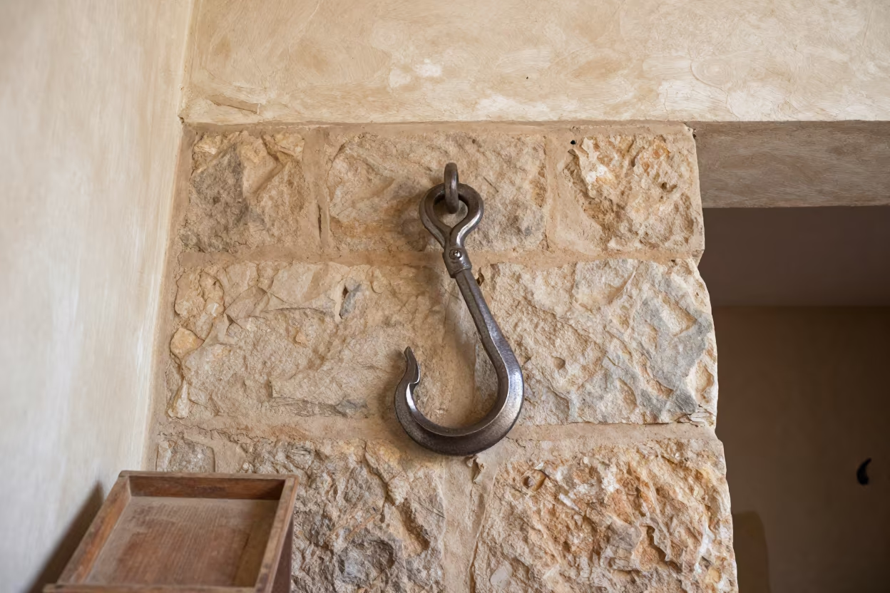 Forged Grappling Hook on Stone Wall in Abeokuta in on a bedside table near Abeokuta