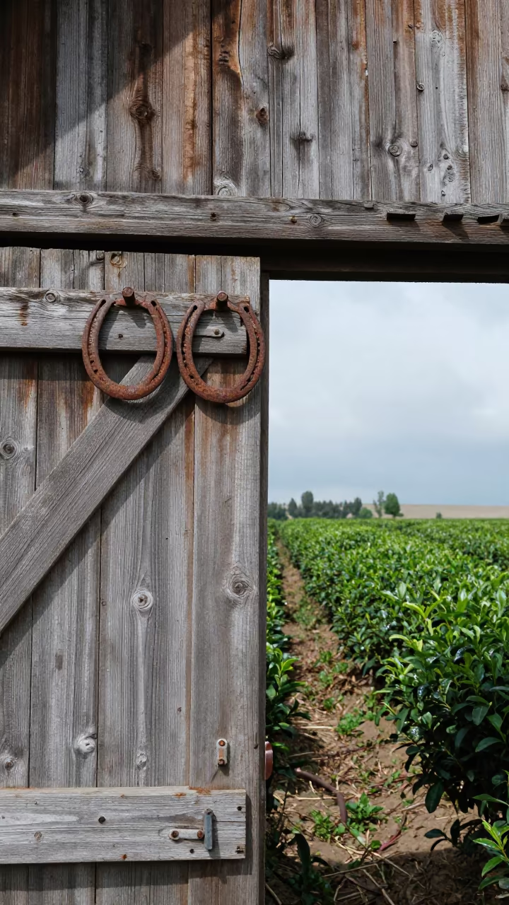 Forged Horseshoes Above Barn Door Tea Plantation in at the edge of a tea plantation in Kazakhstan