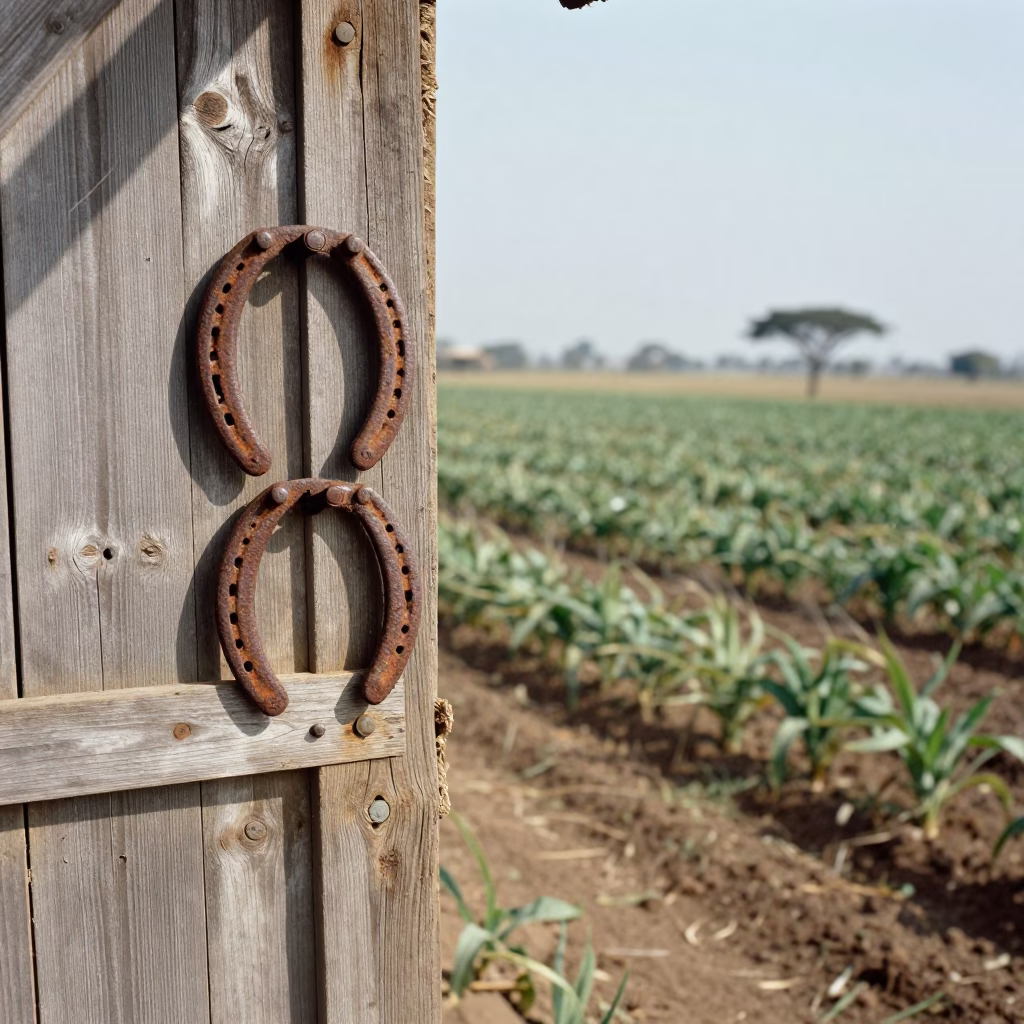 Forged Horseshoes Above Barn Door Kenya in along freshly irrigated rows in Kenya