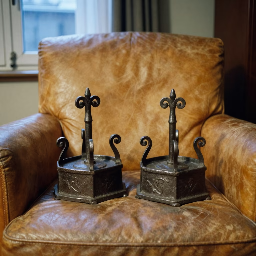 Forged Iron Andirons on Worn Leather Chair in on a worn leather armchair in Rason