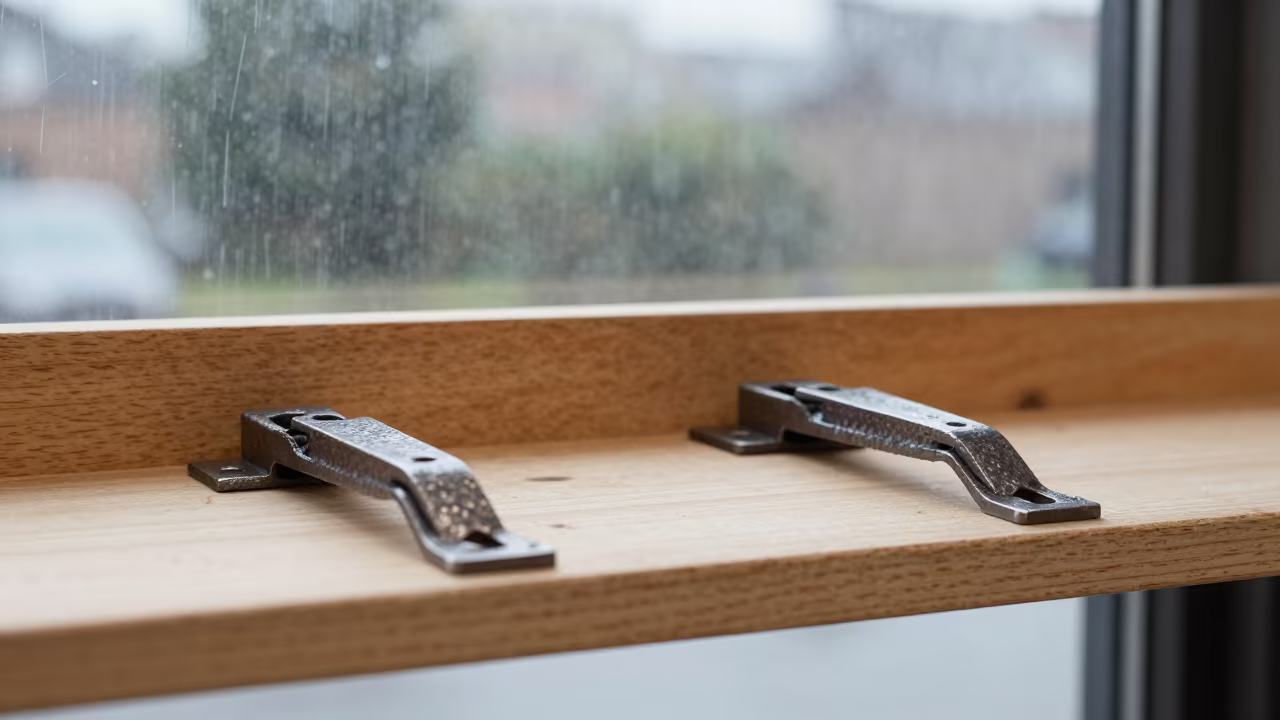 Forged Iron Hinges on Medieval Church Door in on a workshop shelf in Sheffield