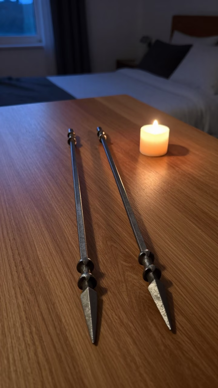Forged Iron Skewers on Wood in Candlelit Room in in a candlelit bedroom in Tongi