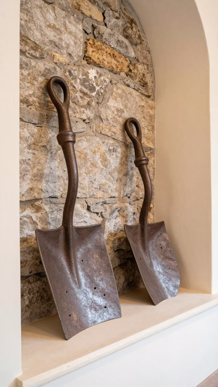 Forged Plowshares on Stone Wall Musturud in on a painted display ledge near Musturud