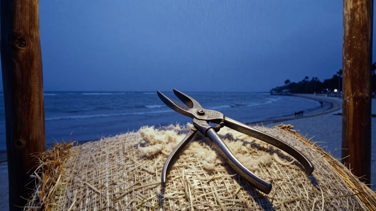 Forged Shears Resting on Wool Bale at Twilight in beside a tidal inlet near Playa del Carmen
