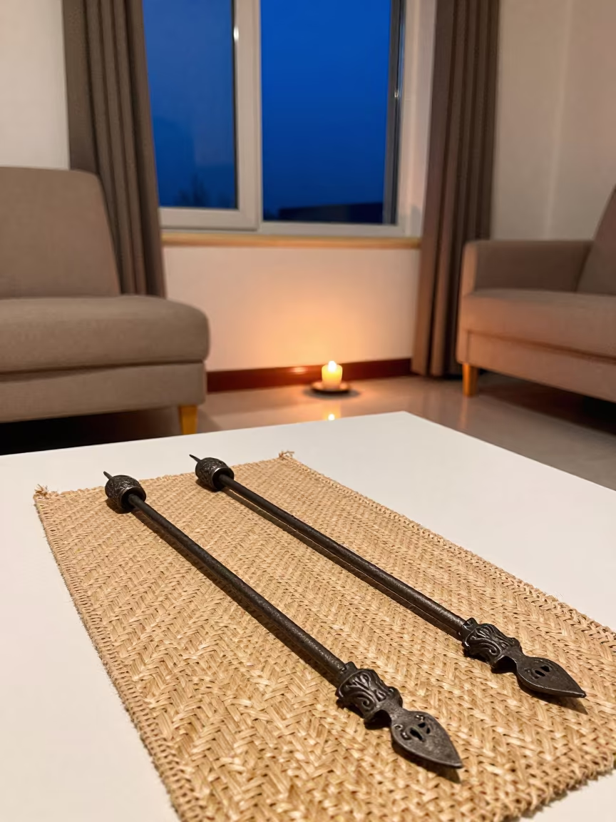 Forged Skewers Under Candlelight in Tabriz in in a sunlit living room in Tabriz