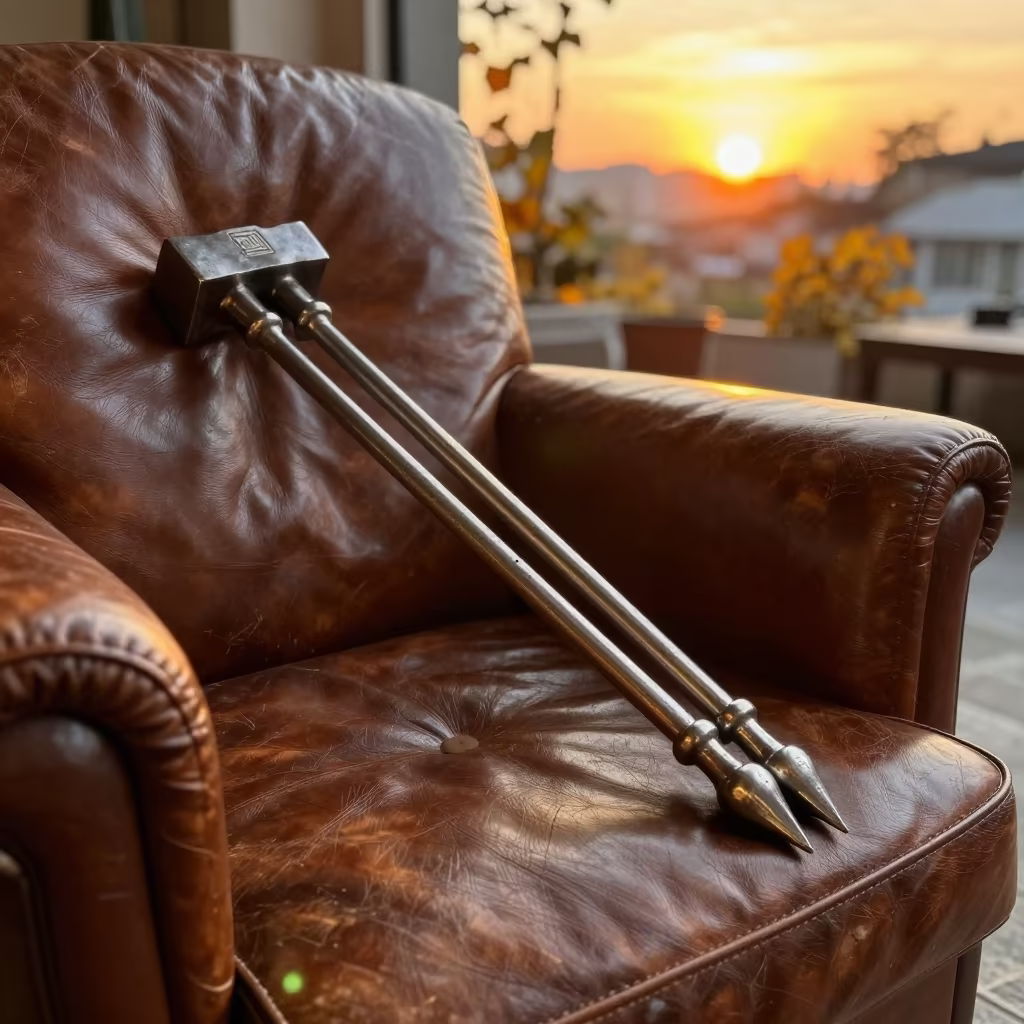 Forged Skewers on Leather Chair at Sunset in on a worn leather armchair in Guiyang