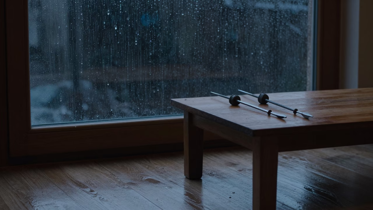 Forged Skewers by Rain Window Midnight Karaman in beside a rain-streaked window in Karaman