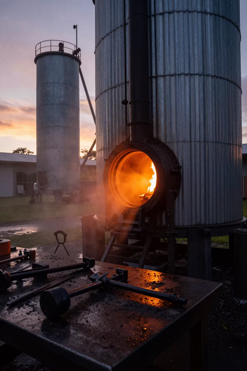 Forged Tools Glowing in Grain Elevator Sunset in inside a grain elevator near Tongatapu