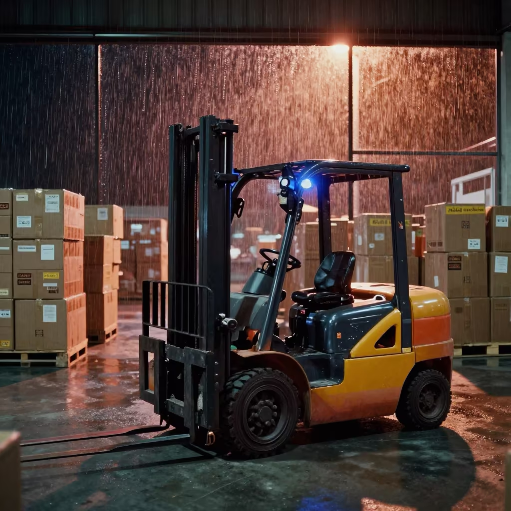 Forklift Blue Lens in Arua Warehouse Night in inside a warehouse aisle in Arua