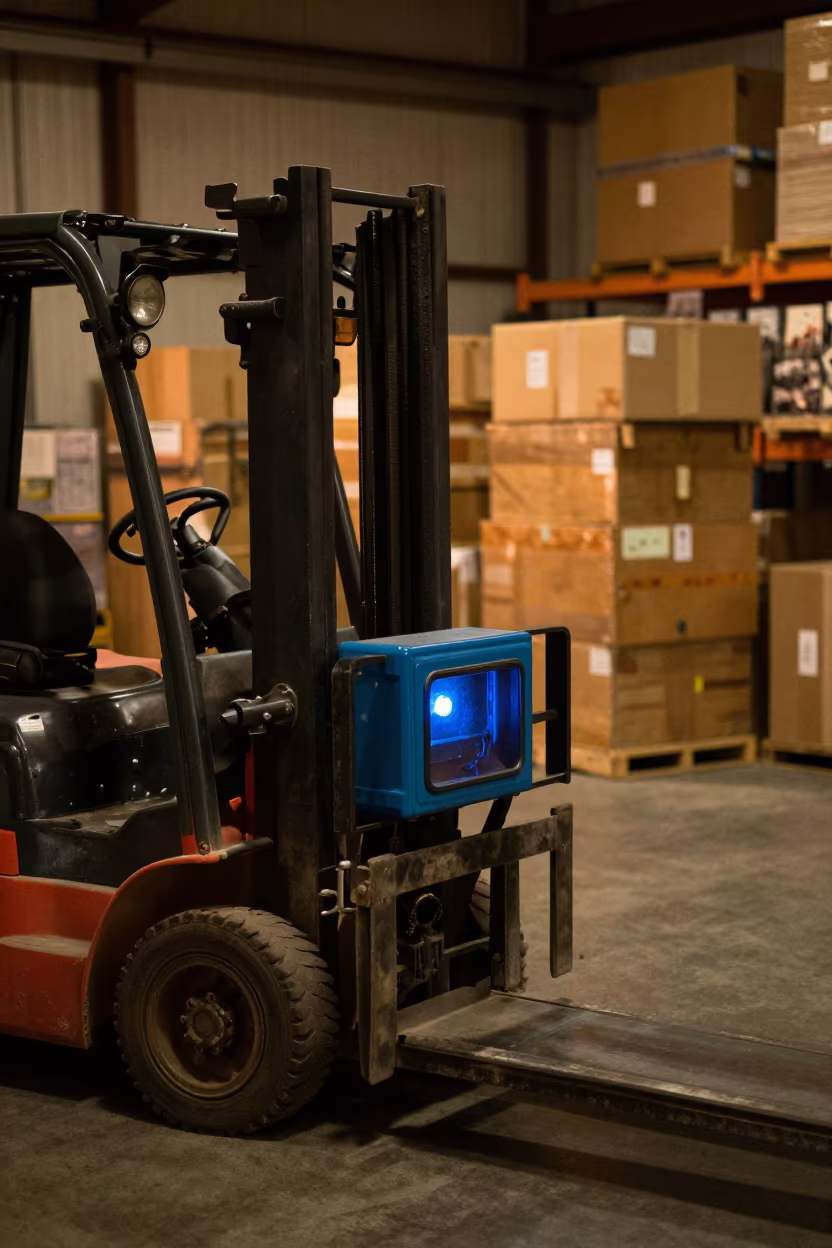 Forklift Blue Lens Box in Predawn Warehouse in at a parcel sorting belt in Salta