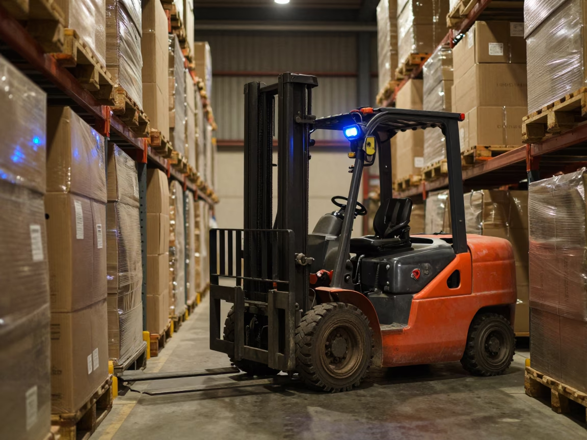 Forklift Blue Lens in Night Warehouse Aurangabad in inside a warehouse aisle near Aurangabad