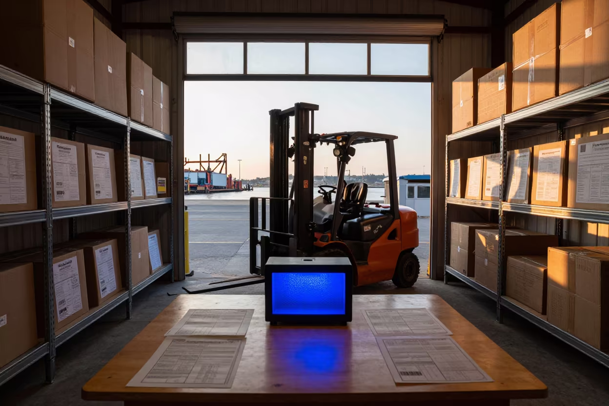 Forklift Blue Light Box in Golden Hour Dispatch Office in inside a dispatch office above the dock near Mayarí