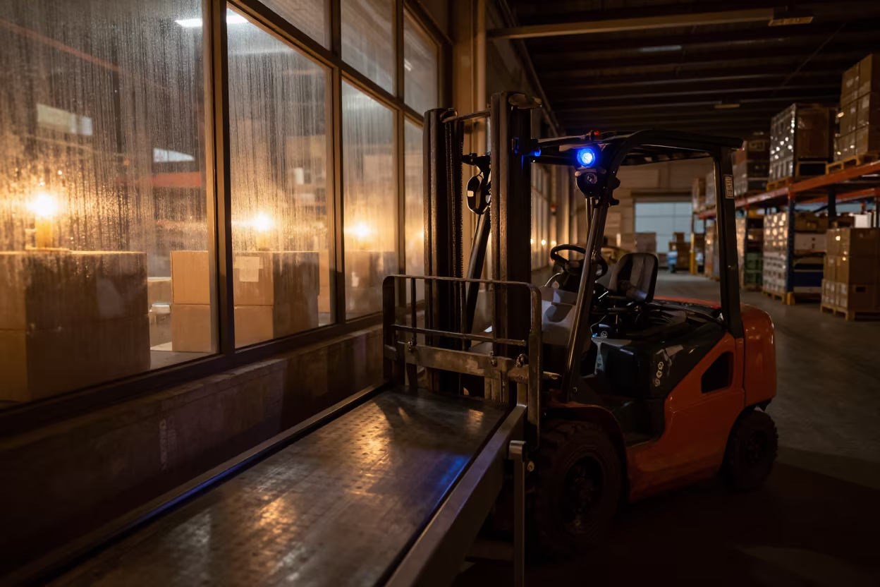 Forklift Blue Light Lens Box Night Sorting Larissa in at a parcel sorting belt in Larissa