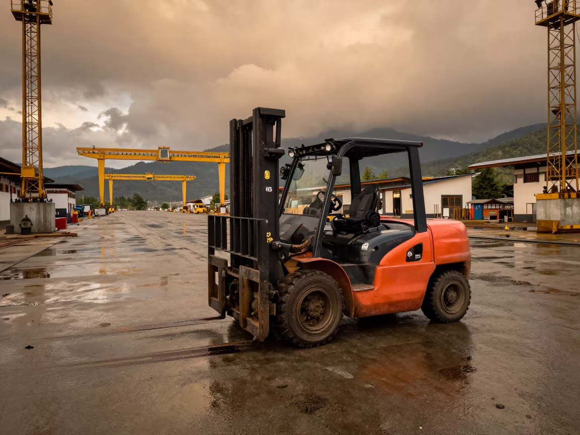 Forklift Under Golden Light in Bhutan Shipyard in under gantries and utility towers in Bhutan