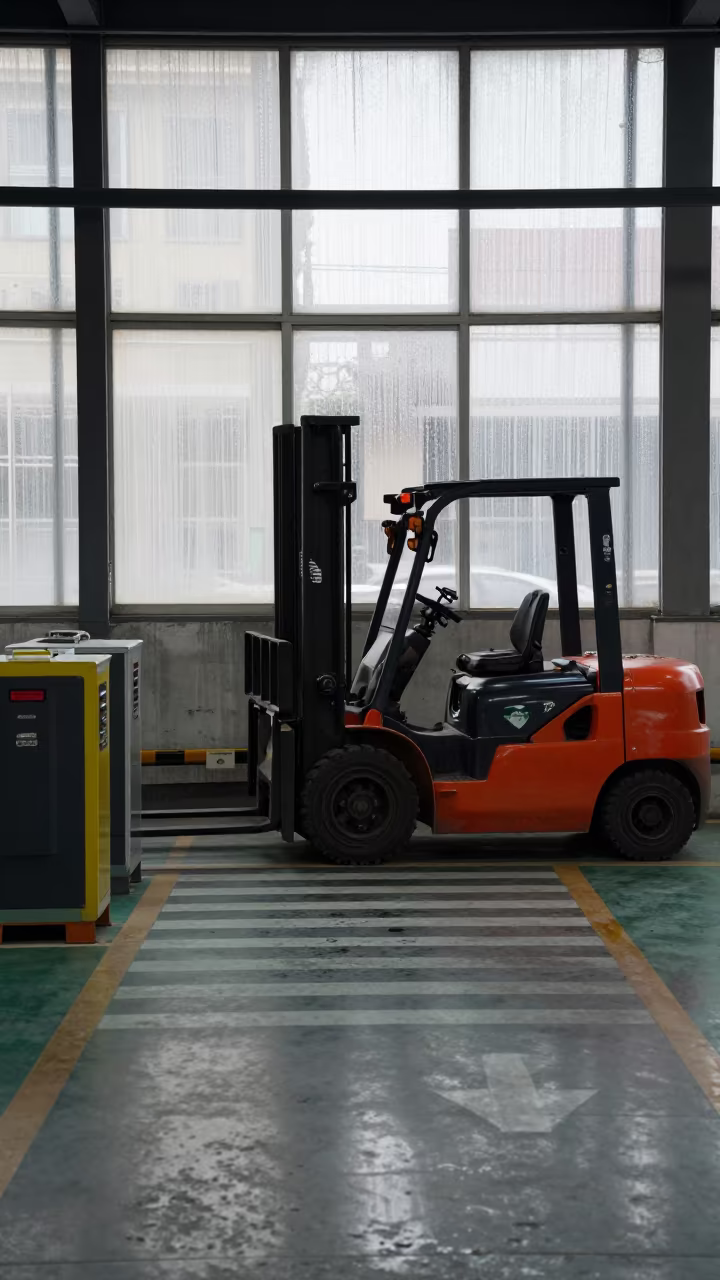 Forklift Lane Arrows Chargers Shanghai Warehouse in at a parcel sorting belt in Shanghai