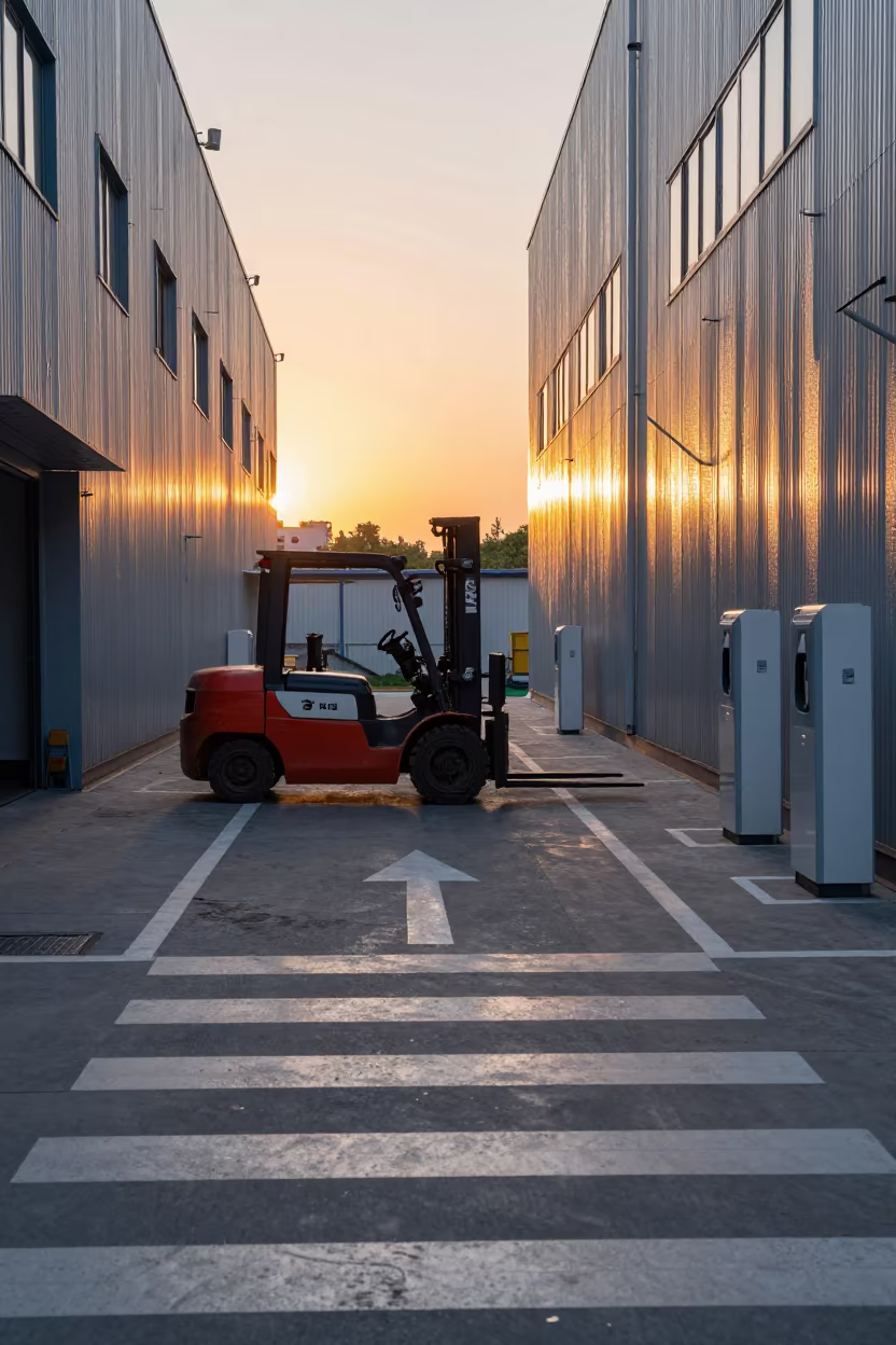 Forklift Lane Evening Light in Guangzhou Warehouse in inside a warehouse aisle in Xiguan, Guangzhou
