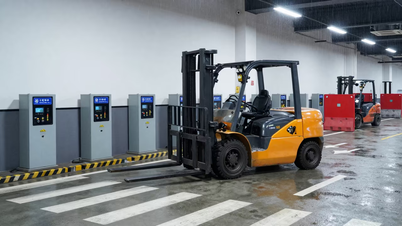 Forklift Lane Morning Monsoon Chongqing Dispatch in inside a dispatch office above the dock in Chongqing