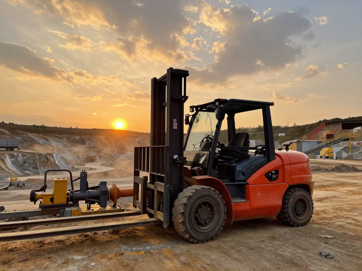 Forklift on Quarry Catwalk in Amber Sunset Haze in on a quarry ledge near Veliko Tarnovo