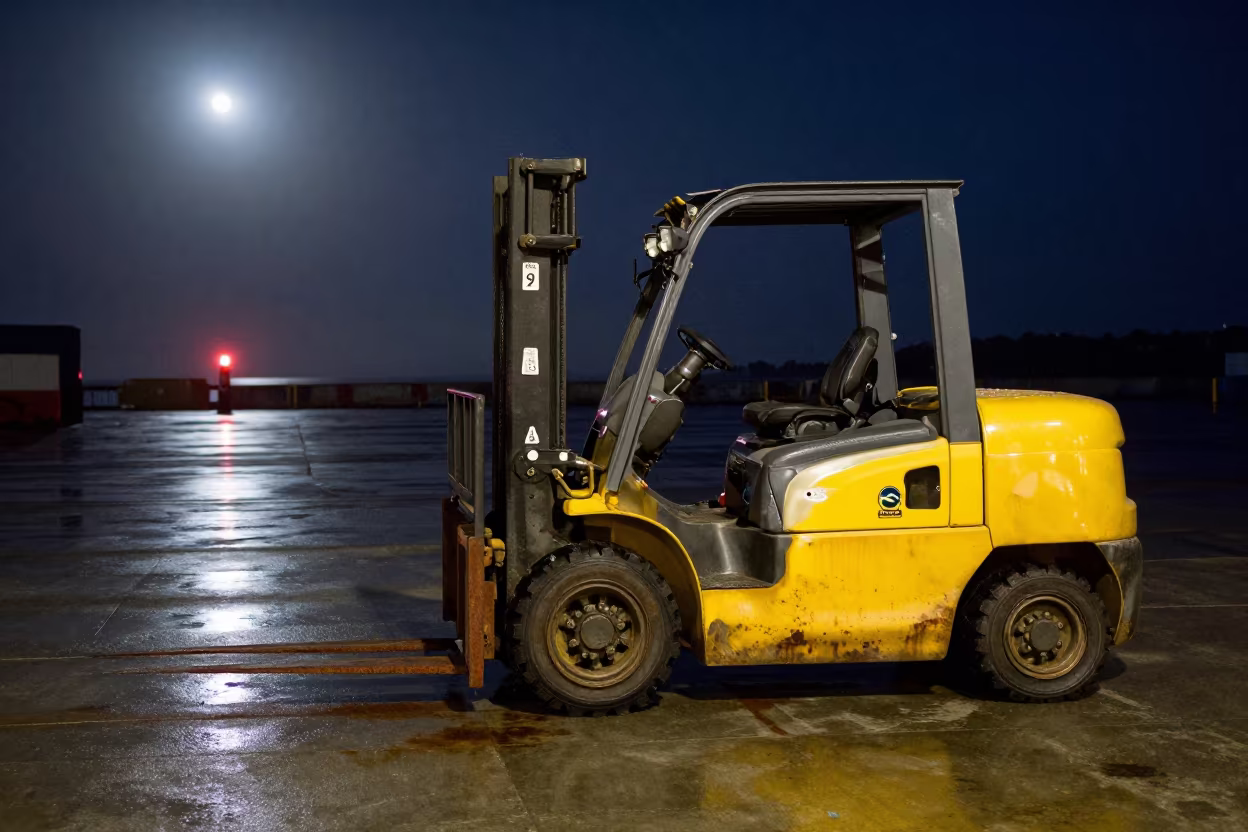 Forklift on Shipyard Slab in Winter Night Rain in in New Zealand