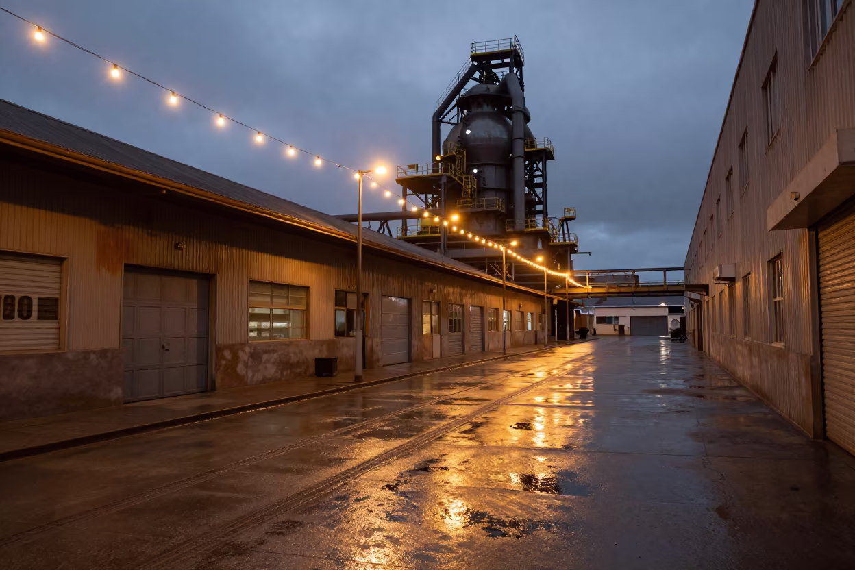 Worn Forklift Tracks in Lobito Warehouse Night in beside a blast furnace near Lobito