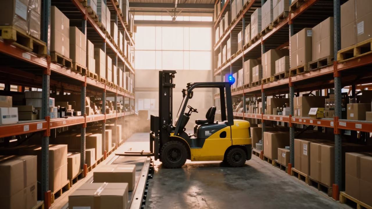 Forklift Turning in Golden Hour at Stockholm Sorting Facility in at a parcel sorting belt near Stockholm