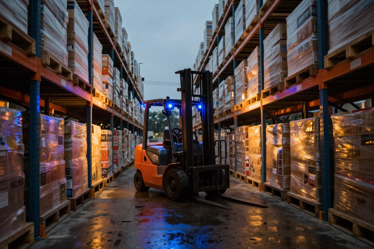 Forklift Turning in Jalgaon Cross-Dock at Twilight in inside a cross-dock lane in Jalgaon