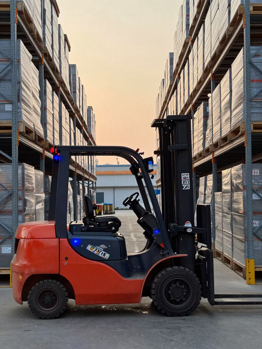 Forklift Turning in Wenzhou Warehouse Evening Light in inside a warehouse aisle in Wenzhou
