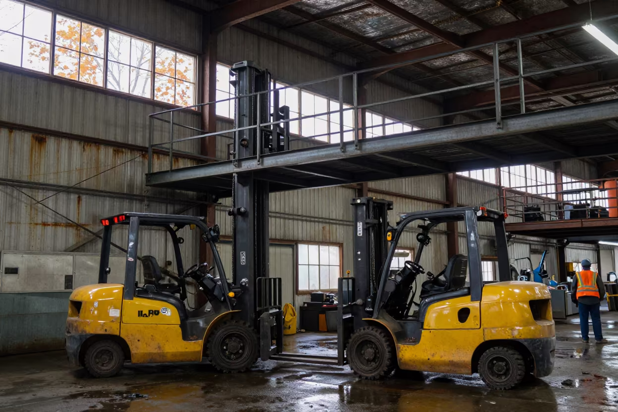 Forklifts Beep on Warehouse Mezzanine Below in in a machine shop near Atlanta