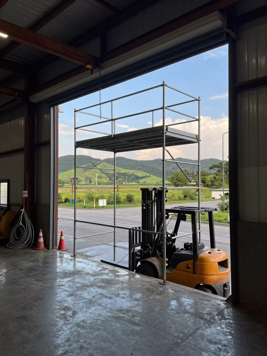 Forklifts Beeping on Warehouse Mezzanine Near Cannes in on a scaffold platform near Cannes