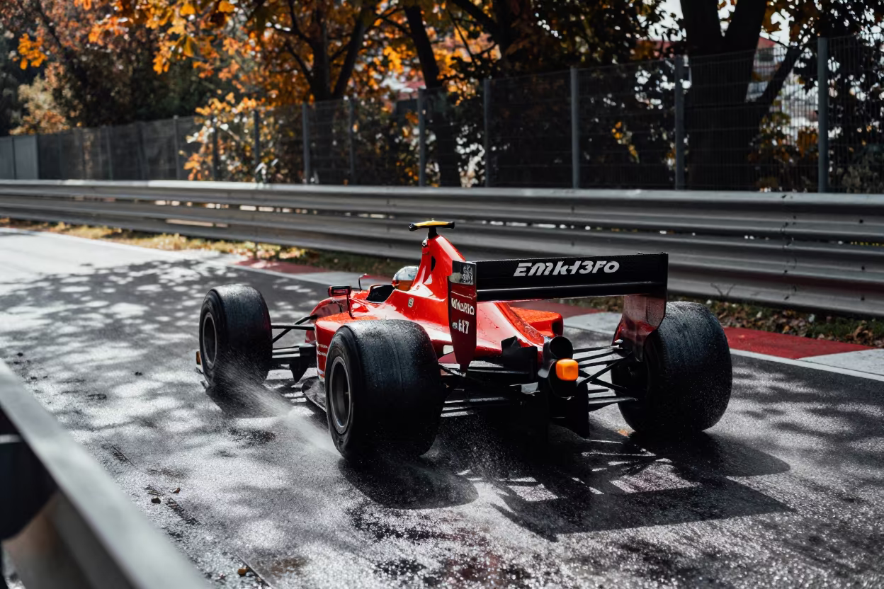Formula One Car at Wet Genoa Apex Noon in near Genoa