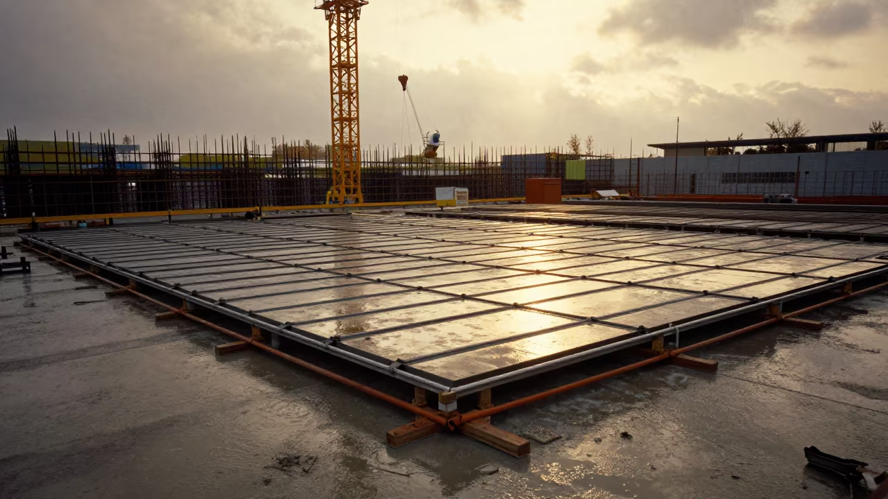 Formwork Deck Panels Under Tower Crane in Rain in beneath a tower crane on open ground in South Korea