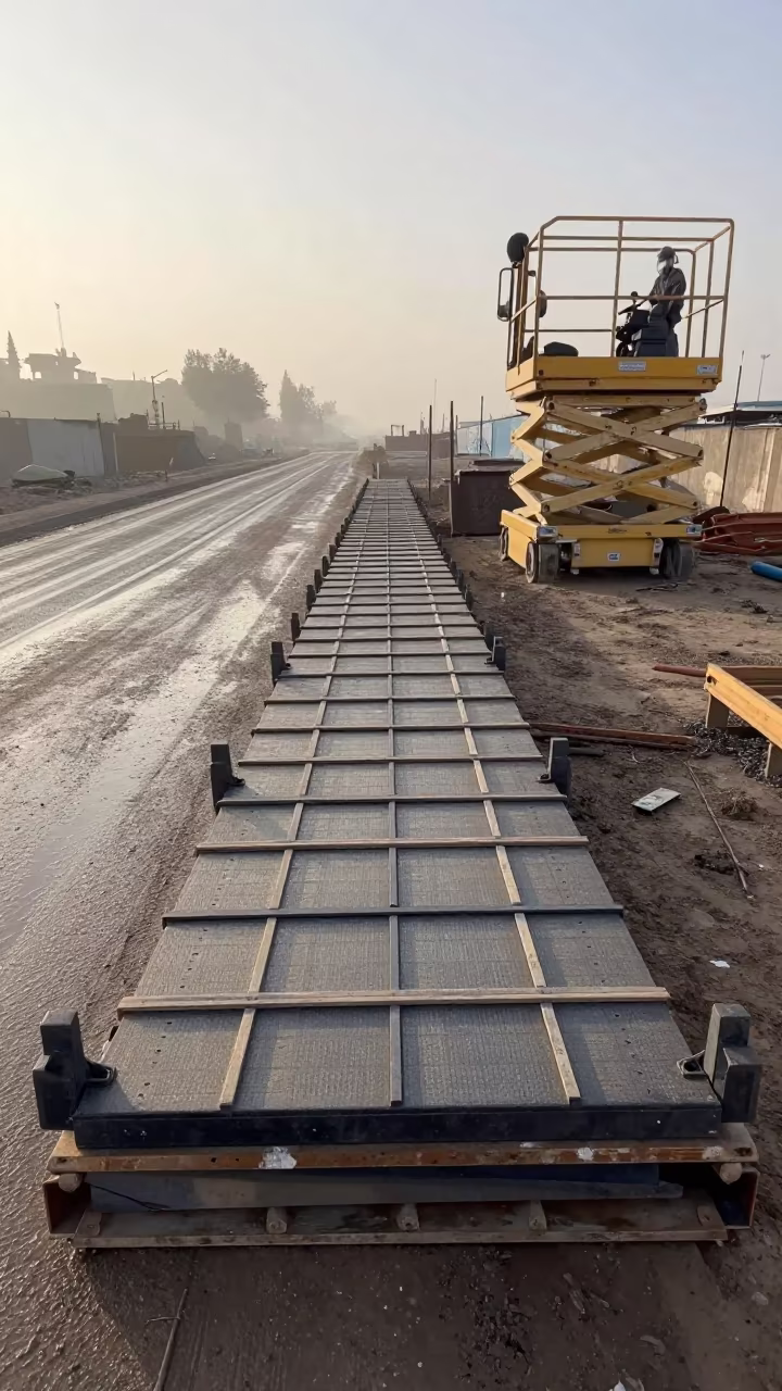 Formwork Deck and Scissor Lift in Damascus Winter Drizzle in at a muddy site access road near Damascus