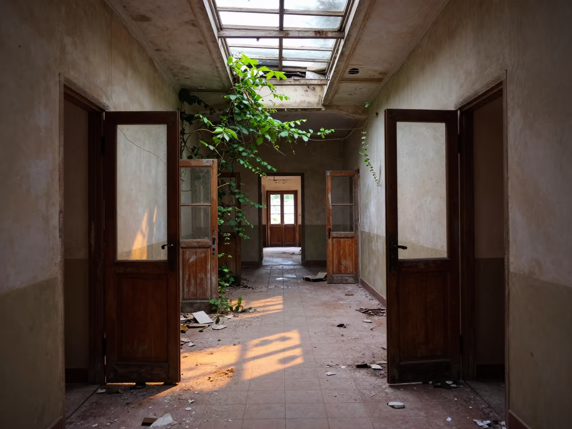 Forsaken Asylum Corridor in Corsica in along a ward corridor with broken glass and falling plaster in Corsica