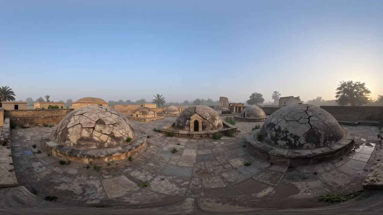 Forsaken Bath Ruins Kano Dawn Mist in among roofless stone chambers near Kano